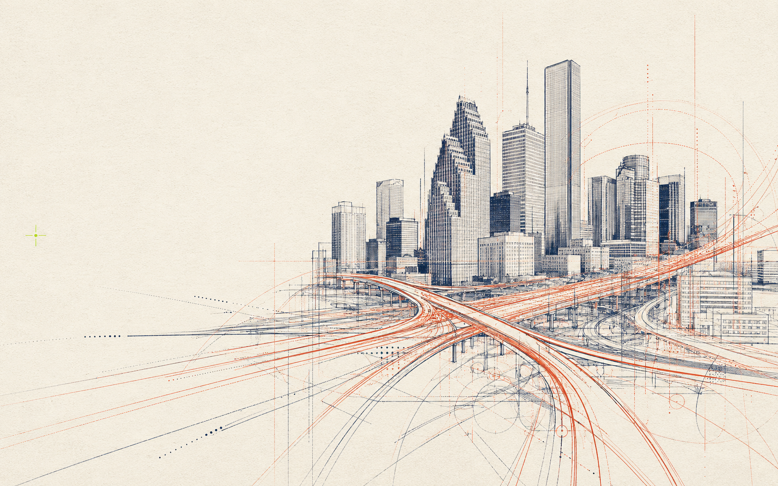 Illustrated Houston skyline and freeway interchange representing connected local marketing systems